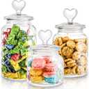 Hiceeden Set of 3 Cute Glass Jars with Airtight Lids, Candy & Cookie Food Storage Containers with Heart-shaped Handle, Glass Canister with Grid Texture for Coffee Beans, Flour, Sugar, 22/32/45oz