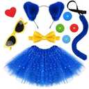 JcHrmers 6 Pcs Blue Cat Costume Include Headband,Tutu Skirt,Bowtie,Fur Tail,Sticker and Glasses for Women Halloween Party Dress Up (Kid) 9-11 Y