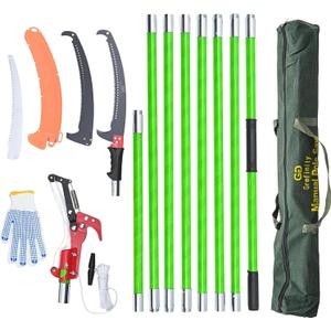 Manual Pole Saw for Tree Trimming, 27 FT Manual tree purner with 8 Fiberglass Handles, Sharp steel Blade and Scissors, Easy to Carry and Extendable Design for Tree Maintenance, Green