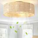 Caged Ceiling Fans with Lights Flush Mount, 20" Rattan Boho Ceiling Fan with Light Remote Control, Enclosed with 6 Speeds for Bedroom, Nursery, Living Room (Beige)