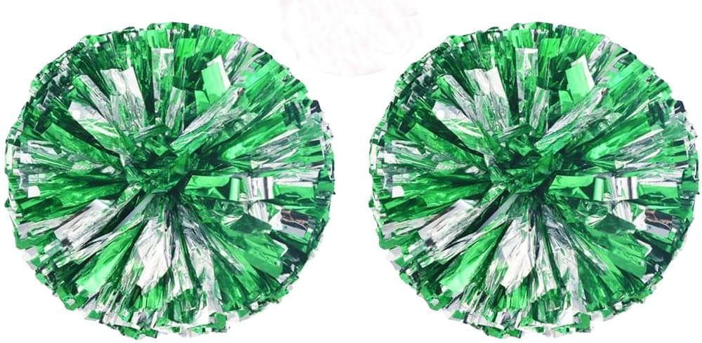 ICYSNOW 2PCS Cheerleading Pom Poms Metallic Foil Plastic Pom Poms with Ring Handle for Game Sports Squads Dancing Party Football Basketball Club Spirit Sports (12, Green+Silver)