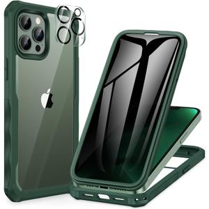 CENHUFO for iPhone 13 Pro Max Case, Privacy Phone Cover with Built-in Anti Peep Tempered Glass Privacy Screen Protector and Camera Protective, Full Body Shockproof Spy Clear Double Bumper - Green