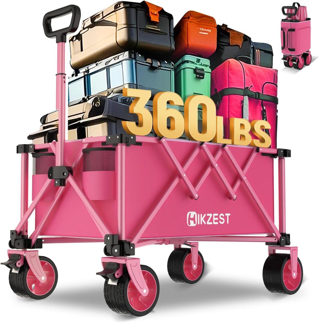 Collapsible Wagon Cart Foldable, 360LBS Heavy Duty Utility Wagon, Beach Wagon with Wider Wheels, Portable Grocery Cart for Camping, Shopping, Garden, Sports, Pink