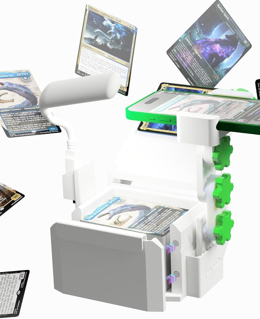 Professional Bulk TCG Card Scanner - 200+ Capacity Tray - Fits Sleeved & Raw Cards - Universal Heavy-Duty Clamp - Height Adjustable for TCG Apps - Anti-Glare Movable LED Black