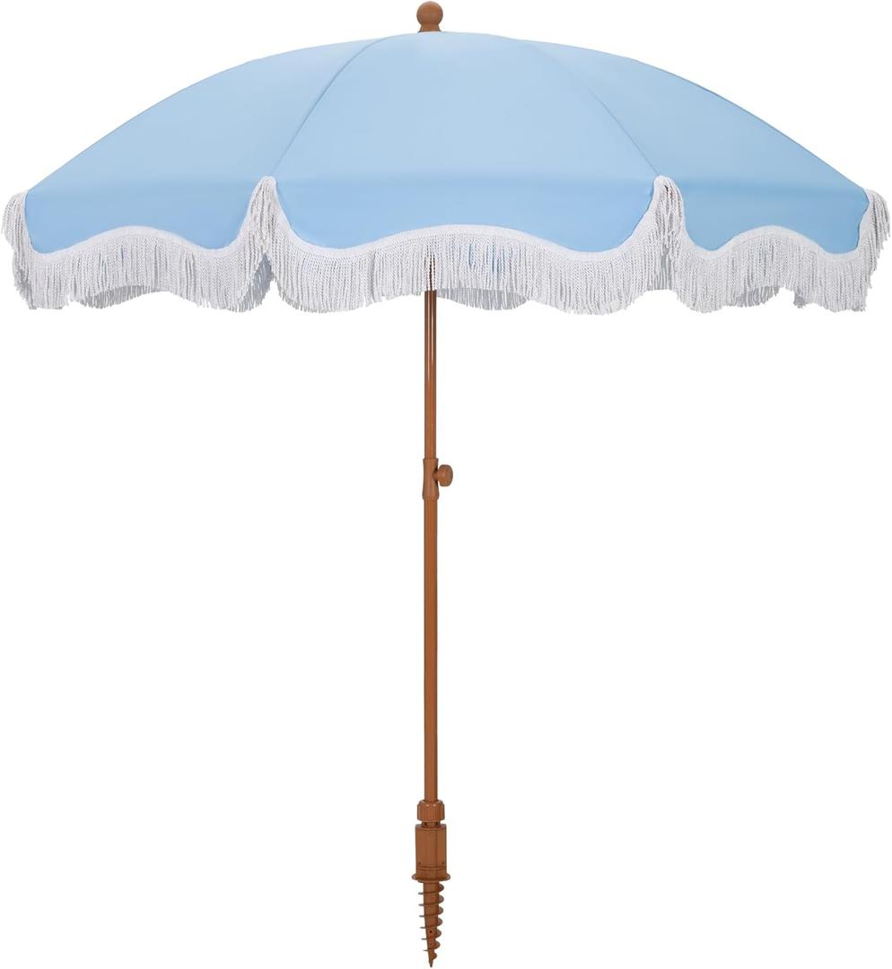 HERA'S PALACE 7ft Heavy Duty Beach Umbrella with Sand Anchor, Fringe Umbrella for Sand, UV 50+, Patio Umbrella with Tilt Pole for Garden Pool Backyard