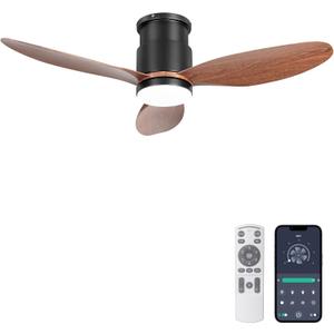 Ohniyou 42 Low Profile Ceiling Fan with Lights, Remote & APP Control Flush Mount Indoor Ceiling Fans 3 Blades, Dimmable, Reversible DC Motor, Walnut