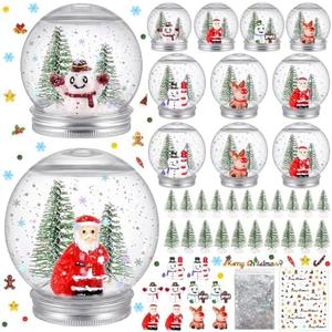 10 Pack Christmas Plastic Snow Globes Kit Includes 10 Clear Snow Globe, 20 Mini Xmas Trees, 10 Christmas fillable Ornaments, 1 Xmas Sticker with Glitter for DIY Crafts Home Winter Decor