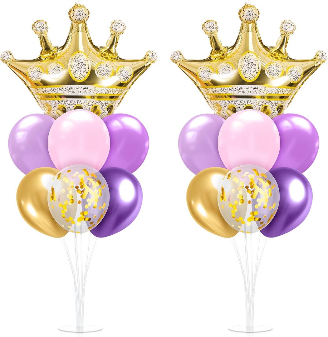 Seematn 2 Set Princess Balloon Stand Kits Purple Gold Crown Balloons Sticks Holder with Base, Princess Birthday Party Table Centerpiece Kit for Woman Queen Wedding Baby Shower Fairy Tale Decoration