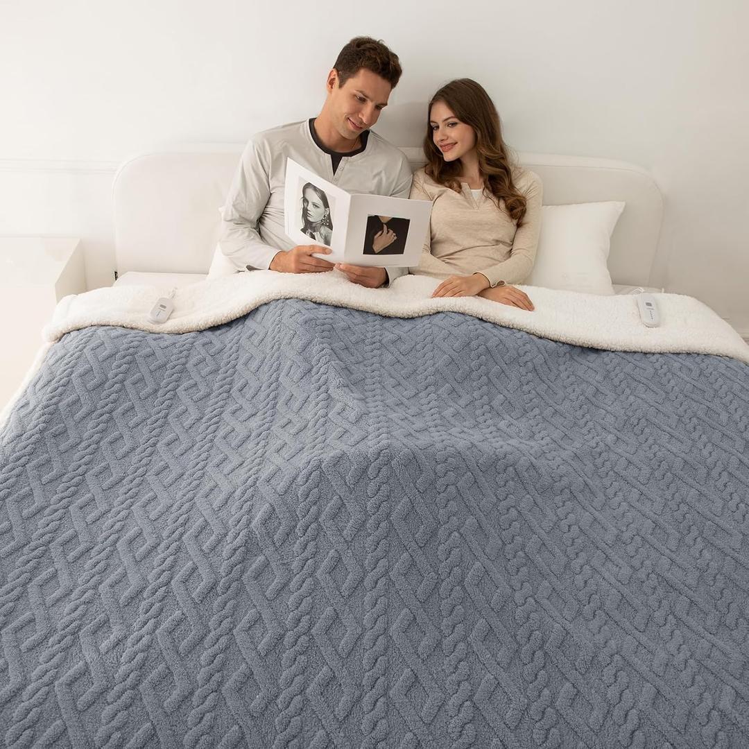 Heated Blanket Queen Size 84"X90" Blue - Soft Thick Warm Sherpa Electric Blanket for Winter with Dual Control, 5 Fast Heating Levels & 10hrs Auto Off for Women, Overheat Protection for Bed