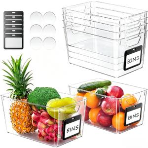 iCASA Clear Organizer Bins - 6 Pack Plastic Pantry Organizers & Storage Containers with Handles & Labels, Home Organization Must Haves for Kitchen, Under Sink, Cabinet Fridge, Bathroom, Shelf, Laundry