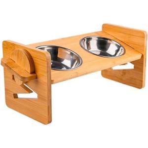 Elevated Cat Food and Water Bowl Set with Stand - Bamboo Raised Tilted Feeding Bowls for Kittens and Small Dogs with 2 Stainless Steel Dishes