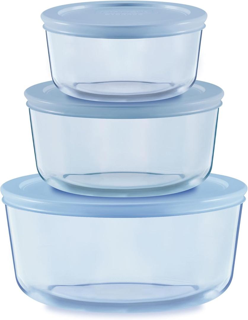 Pyrex Colors Tinted (6-PC Medium) Small/Medium Round Food Storage Container Set, Snug Fit Non-Toxic Plastic BPA-Free Lids, Freezer Dishwasher Microwave Safe, 2 Cup, 4 Cup & 7 Cup (Blue)