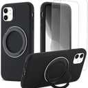 DUEEFA 360°Rotatable Magnetic Ring Stand for iPhone 11 Case,Compatible with MagSafe,with [2 Pack Screen Protector] Military Grade Drop Shockproof Silicone Slim Phone Case 6.1 inch. (Black) 2 PACK