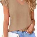 AlvaQ Womens Short Sleeve Tops Casual Solid Color Ruffle V Neck T Shirts Blouses (Khaki, XL)