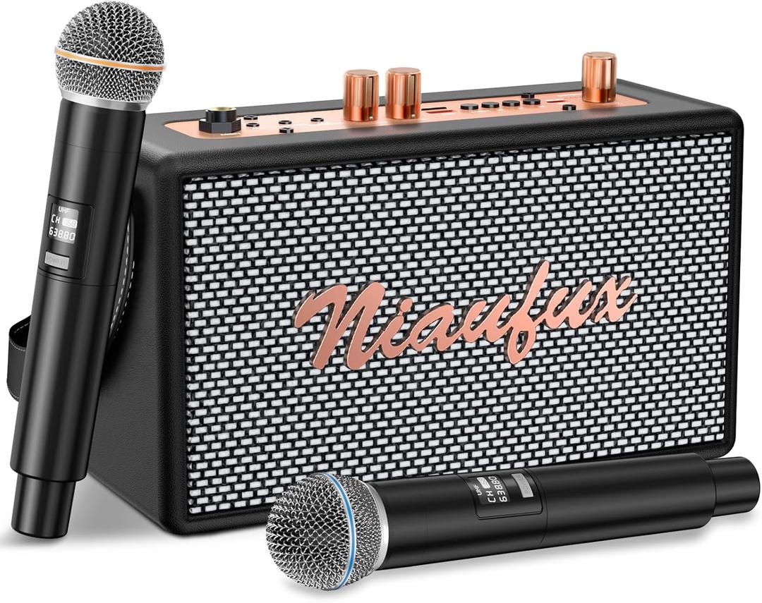 Karaoke Machine, Retro-Design Speaker with 2 Wireless Microphones for Adults & Kids, Portable Karaoke System for Home Party, Bluetooth/AUX/USB/TF/TWS Support, Gifts for Women & Girls