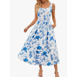 MEROKEETY Women's 2025 Summer Casual Floral Midi Dress Sleeveless Beach Vacation Tank Hawaiian Sundress, Blue, Size L