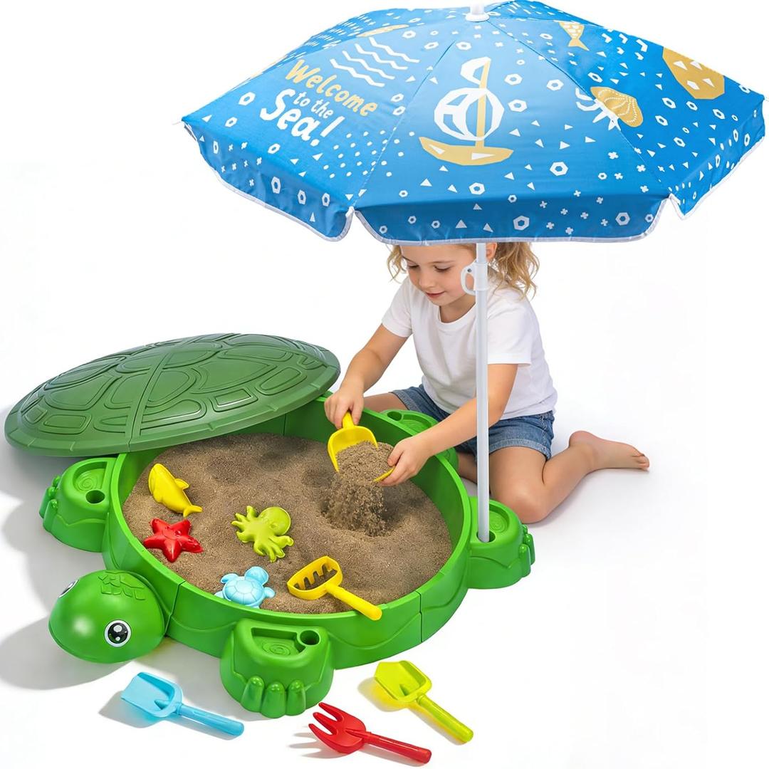 VROGTIK Turtle Sandbox with Lid & Umbrella, 38" Kids Sandbox with Beach Toys Set, Safe Sensory Play Sand Box for Toddlers, Indoor Outdoor Backyard Summer Gift for Ages 3-8, 38.86" x 25.2" x 7.89"