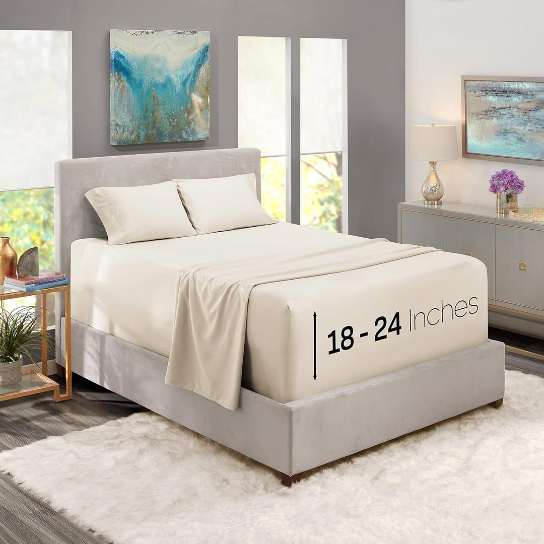 Nestl King Size Sheet Set, 4 Piece Extra Deep Pocket (18-24 inches), Microfiber, Hotel Luxury, Soft, Breathable, Wrinkle-Free, Easy to Care, Off White