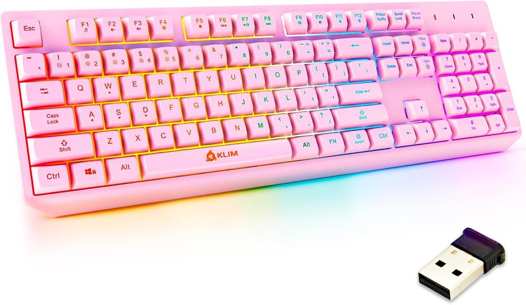 KLIM Chroma Pink Wireless Keyboard RGB Backlit, Rechargeable Battery, Wireless Keyboard with Water-Resistant Durable Design, Compatible with PC, Mac, PS4, PS5