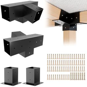Grehitk Pergola Kit, Slanted Roof Pergola Bracket, 4-Way Brackets with Post Base Kit, Log Cabin Outdoor 4"x 4" (Actual 3.5" X 3.5") Lumber