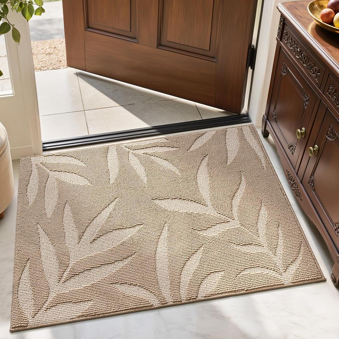 LUMI Front Door Mat Indoor Entrance 24"x36", Low Profile Welcome Mat, Non-Slip Washable Doormat with Rubber Backing for Entrance, Patio, Garage, Beige