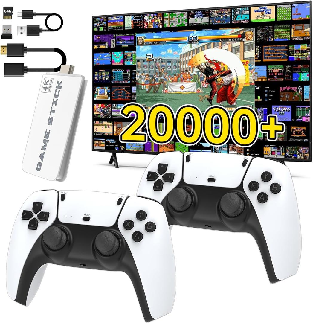 Wireless Retro Game Console, Retro Game Stick with Built-in 23 Emulators, 64GB,20,000+ Games, 4k Hdmi Output, and 2.4GHz Wireless Controller, Plug and Retro Play Video Games for TV (White)