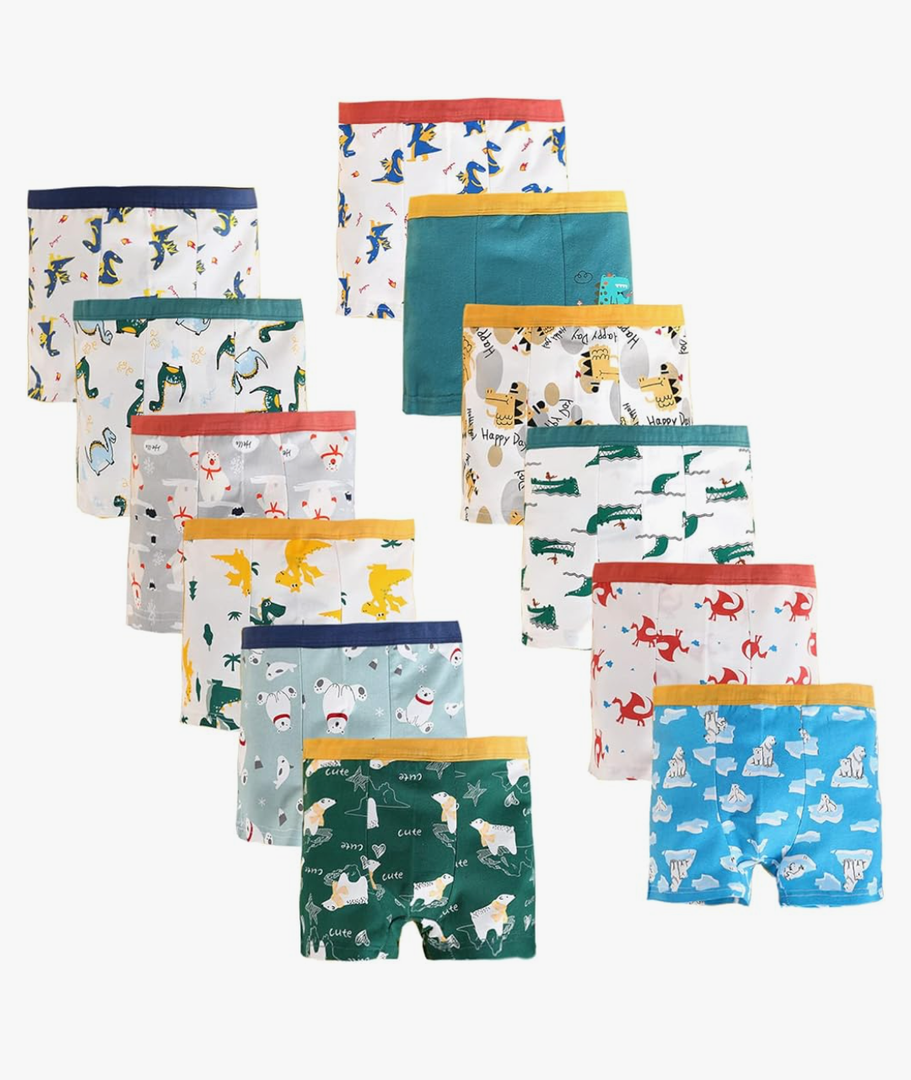 Boys Cotton Boxer Briefs Dinosaur Polar Bear Toddler Kids Underwear 12 Pack, 4-5 Years