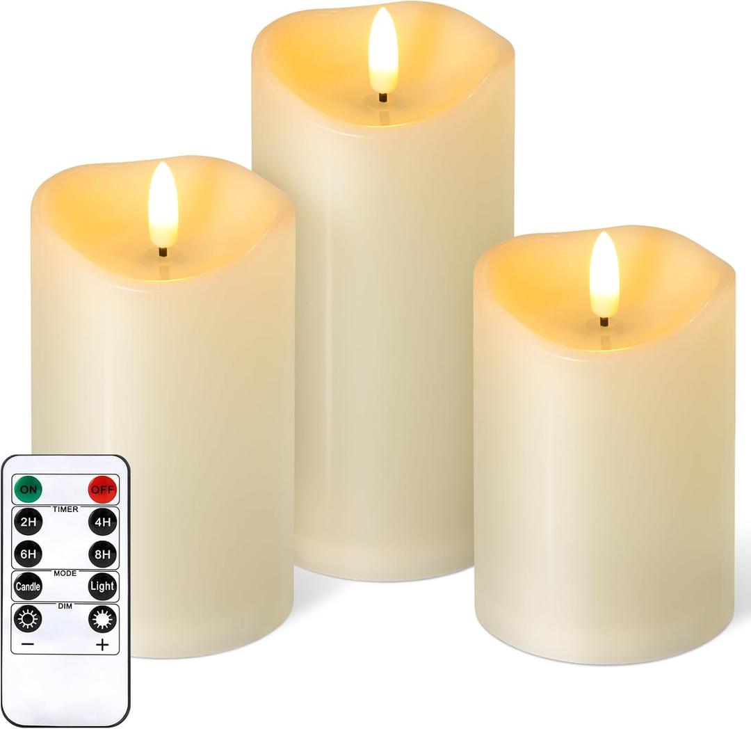 NURADA Outdoor Flameless Candles with Remote Timer - Waterproof Realistic Flickering LED Pillar Electric Battery Operated Fake Candle for Holiday Home Wedding Fireplace Decor - 3 Pack Ivory (D3"H4"5"6")