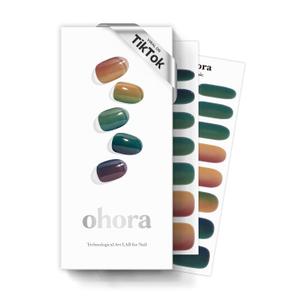 ohora Semi Cured Gel Nail Strips (N Autumn Ombre) - Green/Brown Works with Any UV/LED Lamps, Salon-Quality, Long Lasting, Easy to Apply & Remove - Includes 2 Prep Pads, Nail File & Wooden Stick
