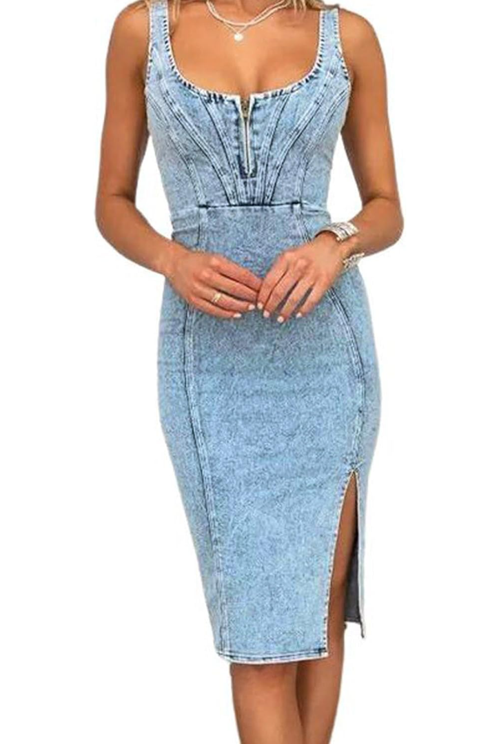 tcoco Denim Dress for Women Sleeveless Side Slit Bodycon Midi Jean Dresses for Women 2024 S