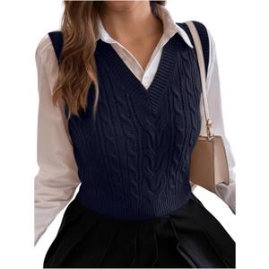 Milumia Women's Cable Knit V Neck Sweater Vest Sleeveless Ribbed Crop Tank Top (Medium, Deep Blue)