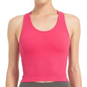 Womens Ribbed Workout Crop Tank with Built-in Bra Racerback Lightweight Yoga Top (Black, L)