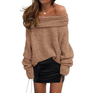 PRETTYGARDEN Women's Off The Shoulder Sweater Long Sleeve Tops 2025 Fall Loose Knit Pullover Sweaters Winter Clothes (Large, Camel)