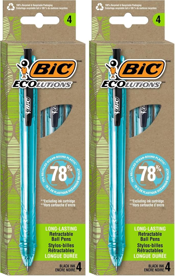 BIC Ecolutions Ocean-Bound Ball Pens, Medium Point (1.0mm), 4-Count Pack, Black Ink Pens Made from 78% Ocean-Bound Recycled Plastic (Pack of 2)