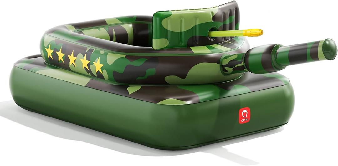 QPAU Inflatable Tank Pool Float for Adults & Kids Ride-On Camouflage Floaty with Water Cannon, Swim Raft Toy for Boys Girls, Lake Beach Backyard Party Floaties