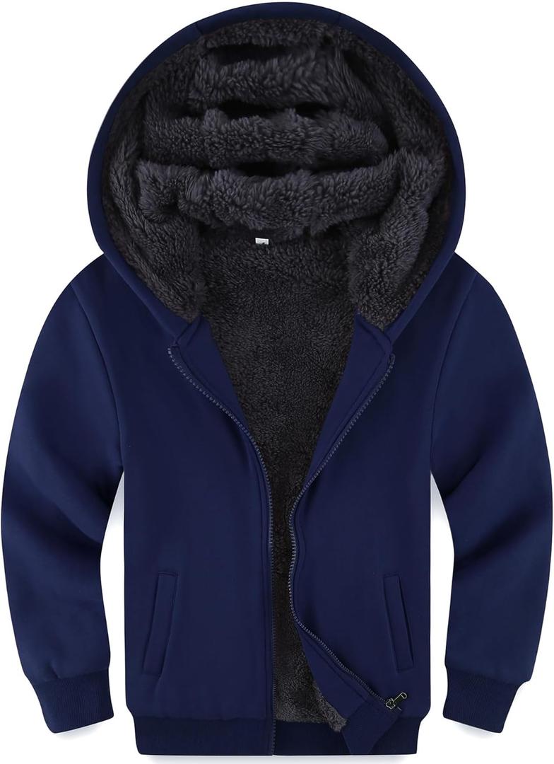 Kids Boys Sherpa Fleece Lined Jacket Hoodie Sweatshirt Fall Winter Spring Casual Warm Clothes for School Daily Outwear (Large, Navy)