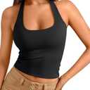 Trendy Queen Halter Tops for Women 2025 Summer Going Out Tops Backless Crop Sleeveless Workout Shirts Cute Y2k Clothes, Large, Black 
