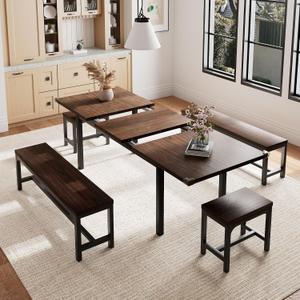 Einhomn 5 Pieces Dining Room Table Set for 4-6, 63' Extendable Kitchen Table Set with 2 Benches & 2 Stools, Small Dining Table Set with Metal Frame & MDF Board, Espresso, 63" L x 30" W x 28" H
