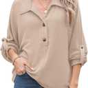 Astylish Women's Casual Blouses Button Down Business Batwing Tops Long Sleeve V Neck Ribbed Shirts 2025 Fall Outfit (M)