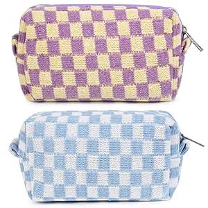 SOIDRAM 2 Pieces Makeup Bag Checkered Cosmetic Bag Purple Blue Makeup Pouch Travel Toiletry Bag Organizer Cute Makeup Brushes Storage Bag for Women