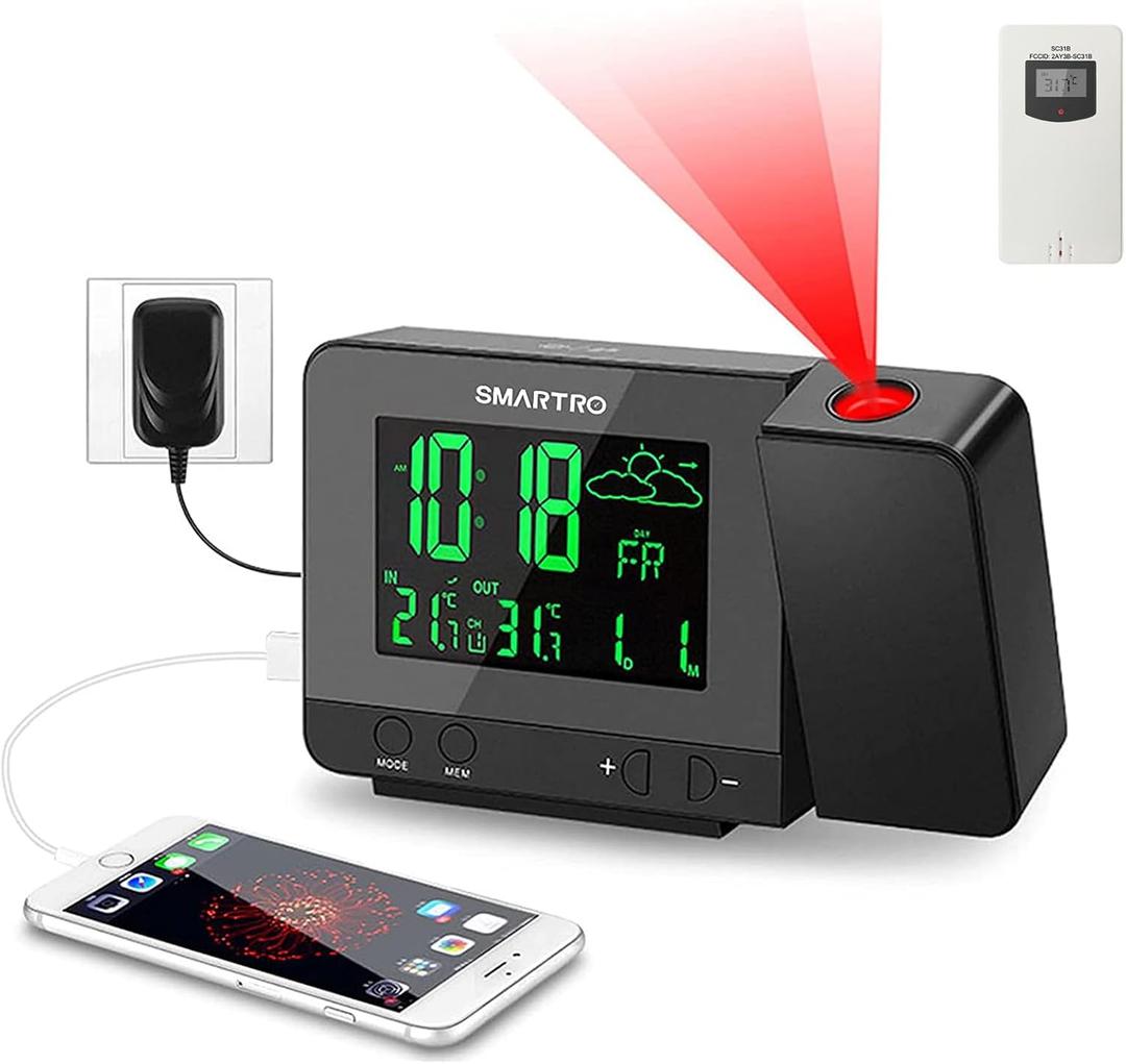 SC31B Digital Projection Alarm Clock with Weather Station | Indoor Outdoor Thermometer for Bedrooms, USB Charger, AC Battery Operated