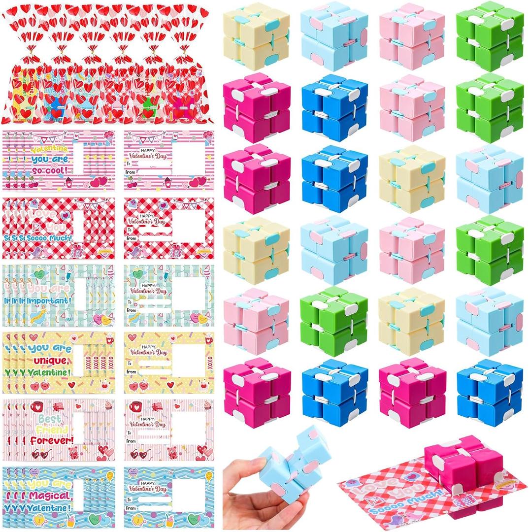 24 Sets Valentine's Day Gifts Infinity Cubes with Valentines Gift Cards and Heart Bags Fidget Magic Cubes Stress Relief for Valentines Party Favors Exchange Gift Prize Goodie Bag Stuffers