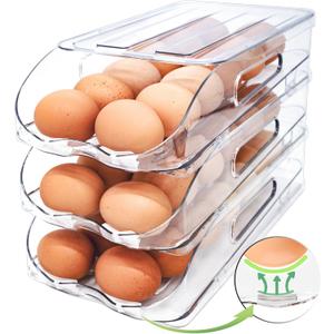 Egg Holder for Fridge, Automatic Steady Rolling Egg Container with Soft Bumpers & Handle for Refrigerator, Stackable Fridge Organizers and Storage with Lid ((M SIZE) 3 Tier Holder 36 Eggs)