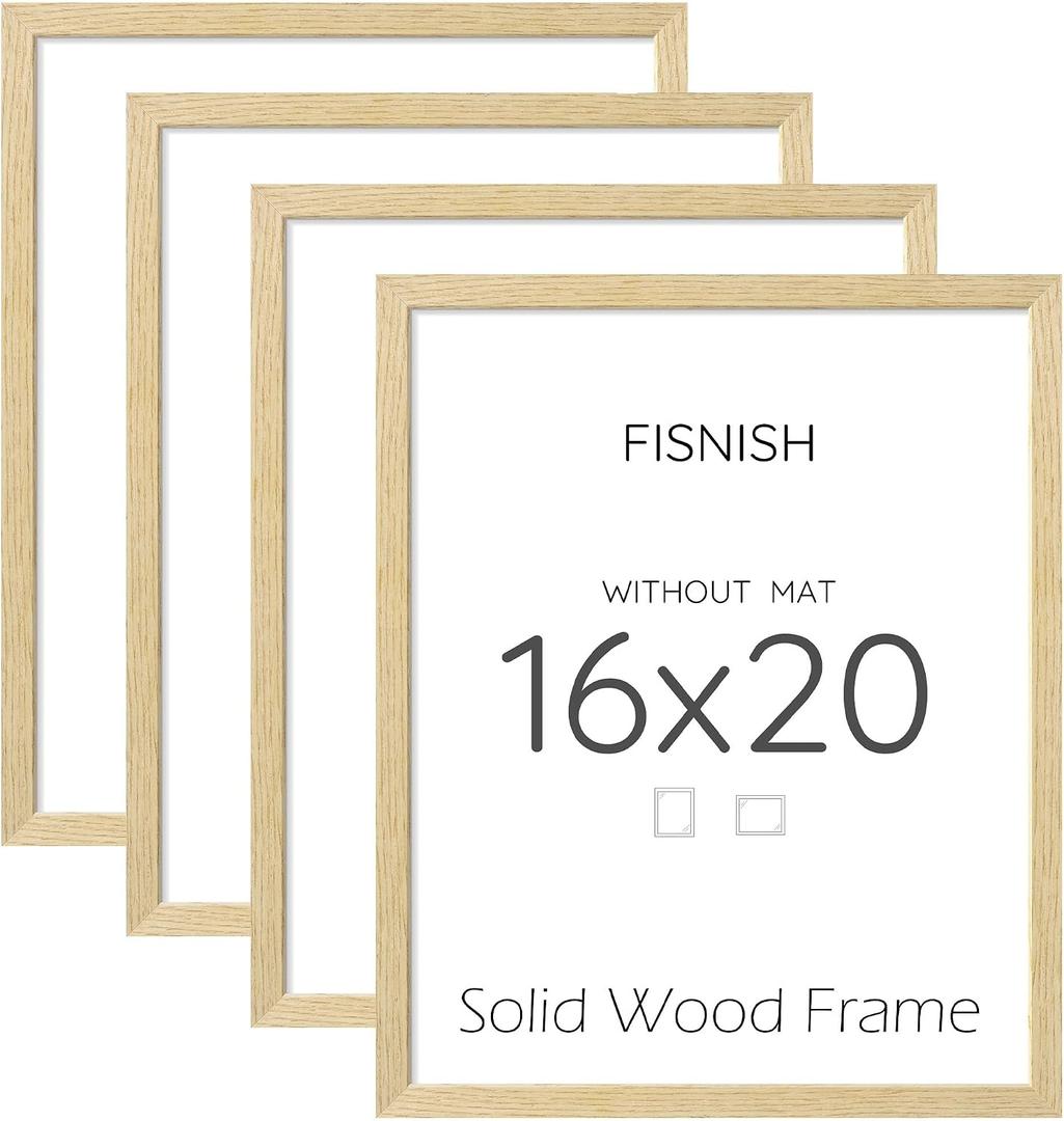 16x20 Picture Frame Set of 4, Natural Solid Wood Picture Frames, Display 16x20 Photos without Mat, Horizontal or Vertical Wall Mounting Poster Frame, Oak Wood Grain