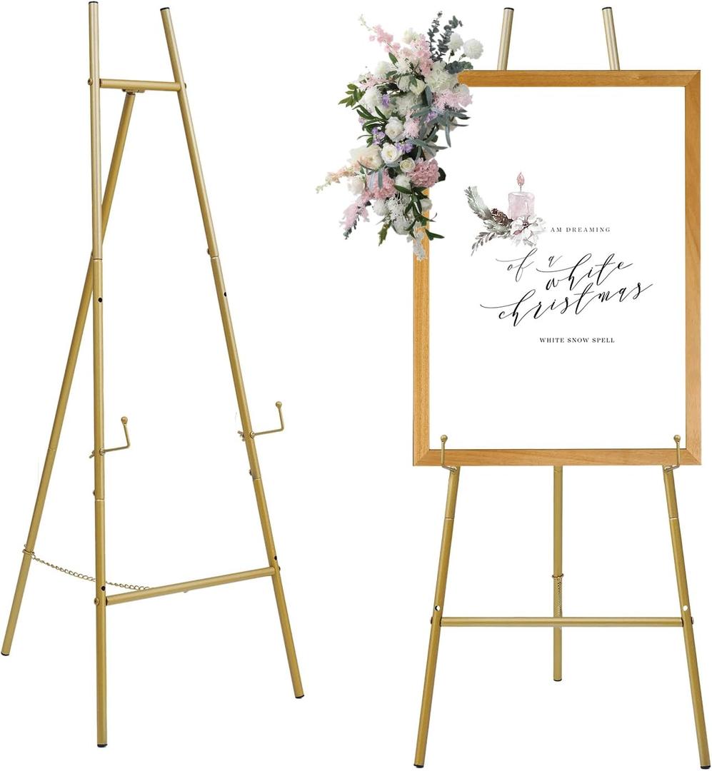 Iron Adjustable Arts & Crafts Easels,Metal Easel Stand with Chain Support for Mirror,58 Inch Floor Easels for Display Wedding Sign(Gold)