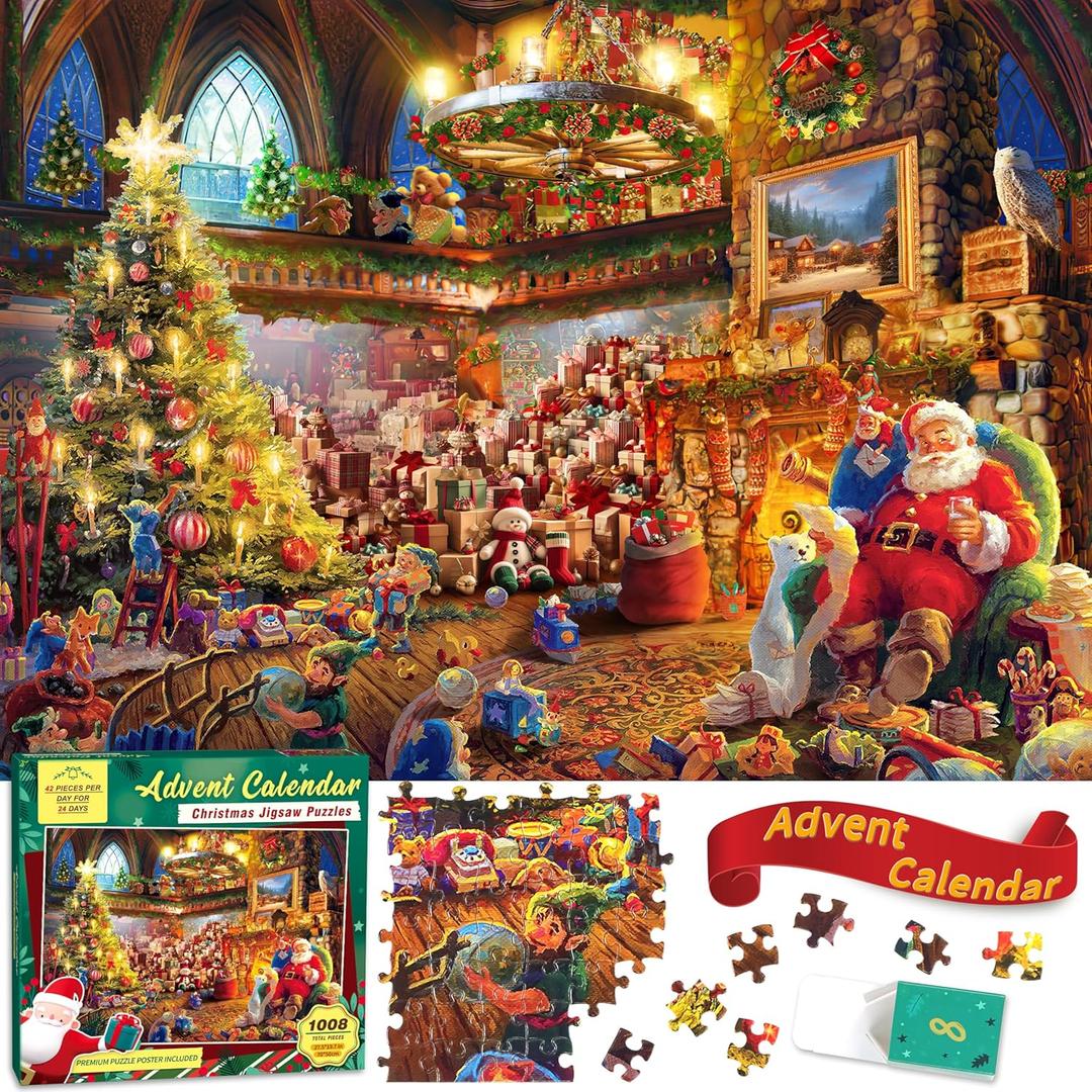 Advent Calendar 2025 Christmas Puzzle - Santa's Workshop, 1008 Pieces 24 Days of Christmas Countdown Advent Calendar Puzzle, Christmas Decor Ideas Jigsaw Puzzles for Adults Kids