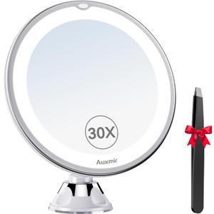 Auxmir 2026 Upgraded 30X Magnifying Mirror with Light, Makeup Mirror with 2-Level Lights, Portable Magnifying Mirror Suction Cup and Tweezers, 360 Swivel, Vanity Bathroom Mirror for Home Travel