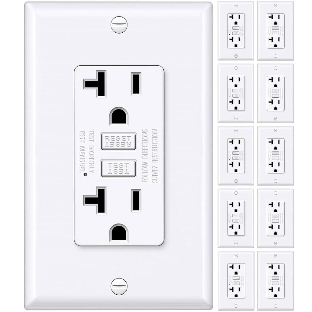 BESTTEN GFCI Outlet 20 Amp with Thinner Design 10 Pack, GFI Electrical Outlet with LED Indicator, Non-Tamper-Resistant GFCI Receptacle, Wall Plate Included, ETL Certified, White