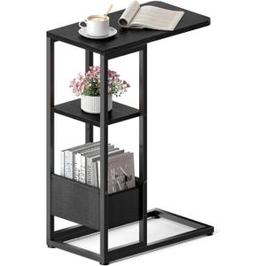 C Shaped End Table, Small Side Table for Couch, Recliner, Slide Under Sofa Tray Desk Snack Tables with Storage Bag for Living Room,Bedroom, Small Spaces - Black