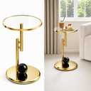 Modern Gold Side Table with Glass Top, Small Round End Table with Metal Base, Contemporary Accent Table for Living Room Bedroom Balcony, Space-Saving Decorative Table, 13.7*13.7*24